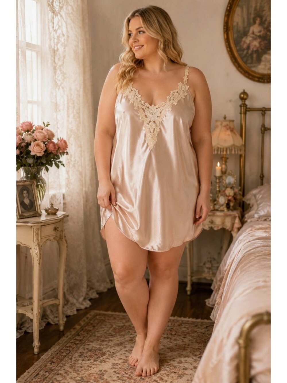 Vintage Dentelle Champagne Satin Lace Chemise Nightgown Slip Dress Women’s 2X US